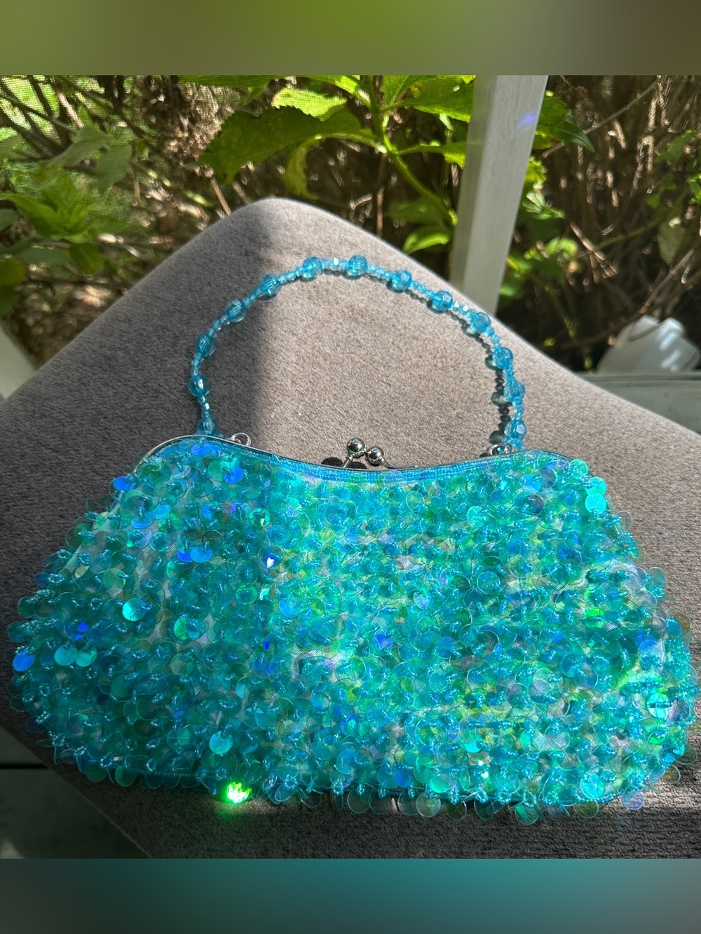 Beaded Sequin Evening Clutch Handbag in Aqua Blue*Vtg*Kiss lock*Y2K~90’s